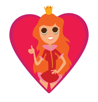 Vector image of a red frame in the form of a heart symbol with a cartoon image of modern princess with long red hair in a red dress and gold crown on her head on white background.