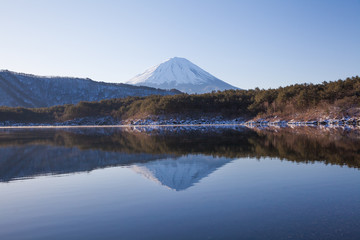 Lake Saiko amd Mount Fuji in winter