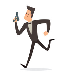 Vector cartoon image of a funny super agent with black hair in a black tuxedo, white shirt and black bow tie with a gray gun in his hand running on a white background. Vector illustration.