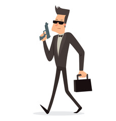 Vector cartoon image of a funny super agent with black hair in a black tuxedo, white shirt and black bow tie, in sunglasses with gun and briefcase in hands on a white background. Vector illustration.