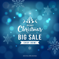 Fototapeta na wymiar Merry Christmas sale concept design with snowflake on blue background, vector illustration