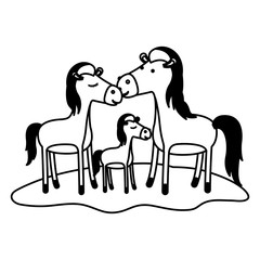 horses couple and foal over grass in black sections silhouette on white background vector illustration