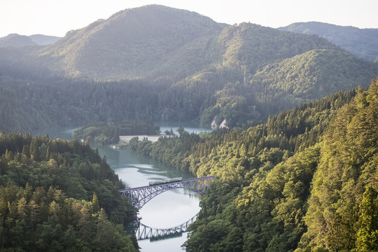 Tadami railway line and Tadami River in summer season at Fukushima prefecture.