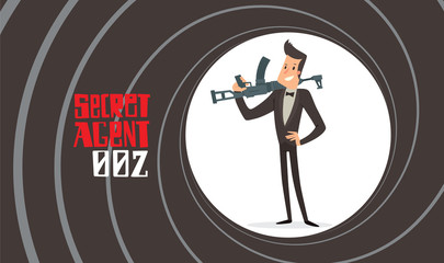 Vector image of a black background in the form of a gun barrel with a cartoon image of a secret agent in a black tuxedo standing with a machine gun in his hand in the center. Spy. Vector illustration.