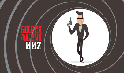 Vector image of a black background in the form of a gun barrel with a cartoon image of a secret agent in a black tuxedo in sunglasses with gray gun in his hand in the center. Spy. Vector illustration.