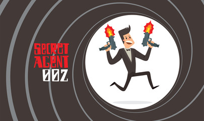 Vector image of a black background in the form of a gun barrel with a cartoon image of a secret agent in a black tuxedo with two submachine guns in his hands in the center. Spy. Vector illustration.