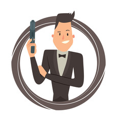 Vector image of a black round frame with cartoon image of a secret agent with black hair in a black tuxedo smiling with a gun in his hand in the center on a white background. Spy. Vector illustration.