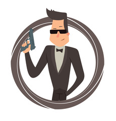 Vector image of a black round frame with cartoon image of a secret agent with black hair in a black tuxedo with a handgun in his hand in the center on a white background. Spy. Vector illustration.