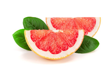 Grapefruit slices with leaves isolated on white background