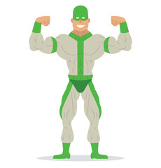 Vector cartoon image of a muscular man superhero in green mask in white-green suit and green boots standing in a pose bodybuilder and smiling on a white background. Vector illustration.
