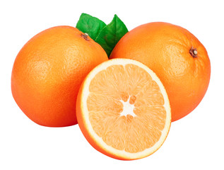 Orange with slice with leafs isolated on the white background