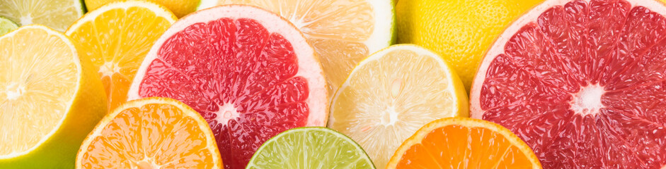 different citrus fruits view from above, bright background