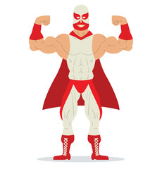 Vector cartoon image of a wrestler in red and white mask, red and white suit and red cloak standing in a pose bodybuilder and smiling on a white background. Wrestling. Flat image. Vector illustration.