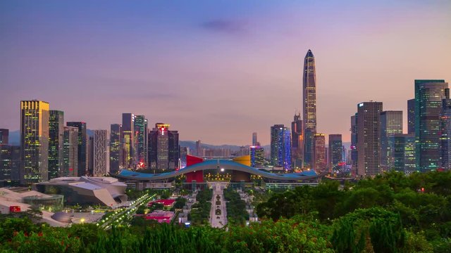 sunset sky shenzhen famous lianhuashan park viewpoint cityscape downtown panorama 4k timelapse china
