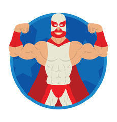 Vector image of a round blue frame with cartoon image of a wrestler in a red-white mask, white-red suit and red cloak in the center on a white background. Wrestling. Flat image. Vector illustrations.
