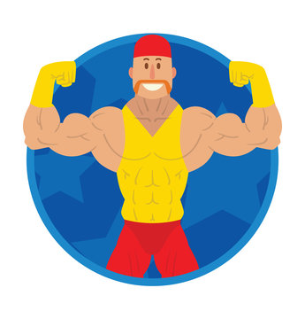 Vector image of a round blue frame with cartoon image of a wrestler in red bandana, pants and yellow t-shirt and gloves in the center on a white background. Wrestling. Flat image. Vector illustrations