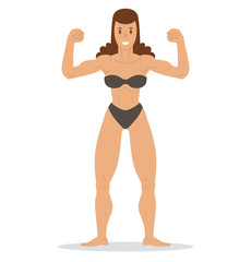 Vector cartoon image of a muscular woman with brown wavy hair in a black swimsuit standing in a pose of bodybuilder and smiling on a white background. Sports, bodybuilding coach. Vector illustration.