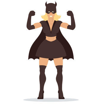 Vector cartoon image of a woman superhero with blond hair in a black mask with horns, in a black suit and coat standing in a pose of bodybuilder and smiling on a white background. Vector illustration.