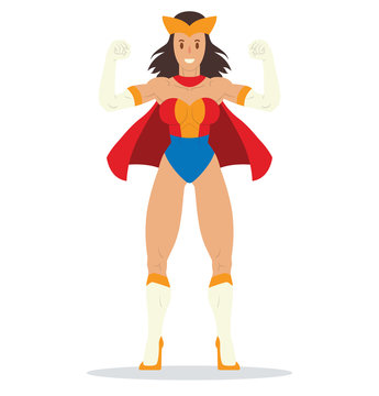 Vector cartoon image of a woman superhero with black hair in a red-blue-yellow suit, white gloves, boots and a red coat standing in a pose of bodybuilder on a white background. Vector illustration.