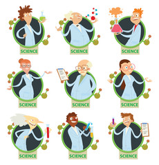 Vector set of round black and green frames with cartoon image of scientists (men and women) in a light blue lab coats in the center on a white background. Science, experiments. Vector illustration.