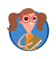 Vector image of a round blue frame with cartoon image of a funny little girl in glasses with brown hair in an orange dress with a light brown book in her hands in the center on a white background.