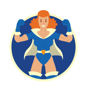 Vector image of a round blue-white frame with cartoon image of a woman superhero with ginger hair in a blue suit, gloves and white coat smiling in the center on a white background. Vector illustration