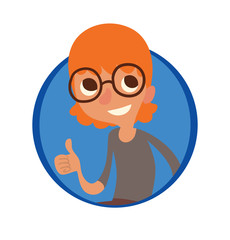 Vector image of a round blue frame with cartoon image of a funny little boy in glasses with orange hair in brown pants and gray jacket smiling in the center on a white background. Vector illustration.