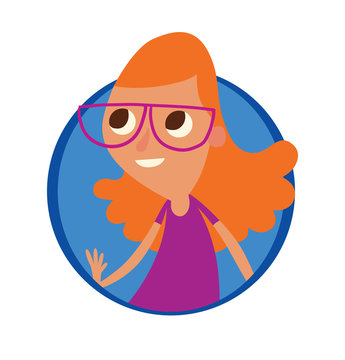 Vector image of a round blue frame with cartoon image of a funny little girl in glasses with long orange hair in purple dress smiling in the center on a white background. Vector illustration.