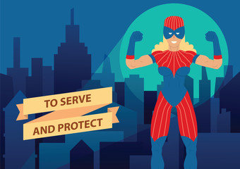 Vector cartoon image of a woman superhero. Superhero with blonde hair in blue mask, red-blue suit. Superhero standing on the background of night city. Banner. Vector illustration of a woman superhero.
