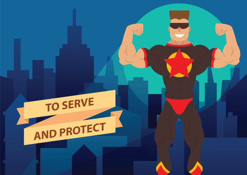Vector cartoon image of a man superhero. Superhero with brown hair in sunglasses in a black-red suit. Superhero standing on the background of night city. Banner. Vector illustration of a man superhero
