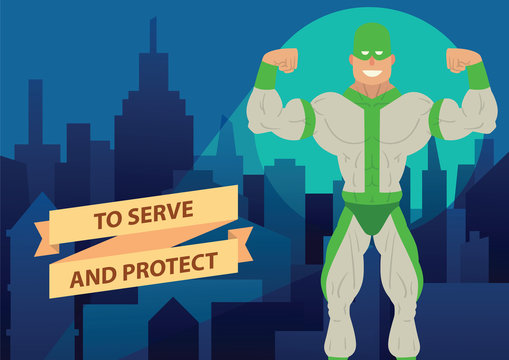 Vector cartoon image of a man superhero. Superhero in a green mask and in a white-green suit. Superhero standing on the background of night city. Banner. Vector illustration of a man superhero.