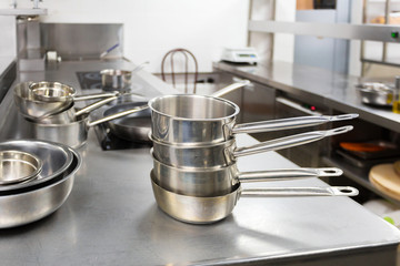 Metal dishes in a restaurant kitchen