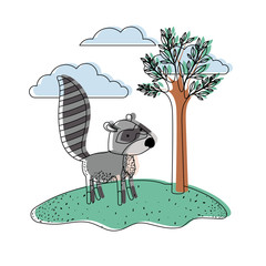 raccoon cartoon in outdoor scene with trees and clouds in watercolor silhouette vector illustration