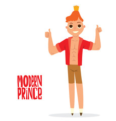 Vector cartoon image of a modern prince. Man with ginger hair. Man in brown shorts, red shirt and gold crown. Prince standing with a raised thumbs on a white background. Vector illustration of prince.