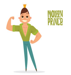 Vector cartoon image of a modern prince. Man with dark brown hair. Man in blue trousers, green shirt and gold crown. Prince is showing his muscles on white background. Vector illustration of a prince.