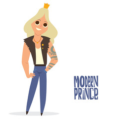 Vector cartoon image of a modern prince. Man with long blonde hair. Man in blue jeans, black vest and gold crown. Prince with tattoos smiling on white background. Vector illustration of a prince.