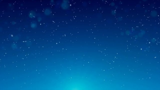 Winter snowfall on blue background with effect of bokeh. Snow motion at 25 fps, cgi animation. Falling natural snow-flakes. Ready to use in New Year, Christmas or winter video clip.
