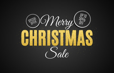 Background for Christmas sale. The text is from gold glitters on a black background. Big sale. Discount stickers. Vector