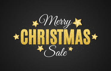 Background for Christmas sale. The text is from gold glitters on a black background. Big sale. Golden stars. Vector