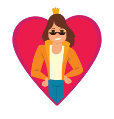 Vector image of a pink frame as heart symbol. Cartoon image of modern prince. Man with bright brown hair. Man in sunglasses, yellow jacket and gold crown. Vector frame with prince on white background.