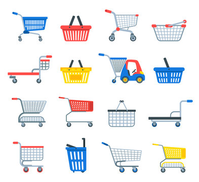 Shopping cart vector shop pushcart trolley shopper or carter with empty basket and bag buy in store illustration isolated on white background