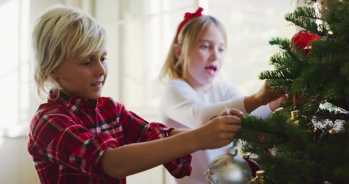 Brother and sister hanging ornaments on Christmas tree