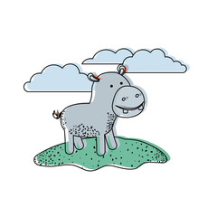 hippopotamus cartoon in outdoor scene with clouds in watercolor silhouette vector illustration