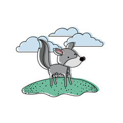 wolf cartoon in outdoor scene with clouds in watercolor silhouette vector illustration