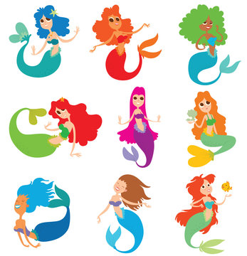 Vector cartoon image of a set of mermaids. Mermaids with a different hair color and tails. Mermaids with big eyes in various poses on a white background. Set of cartoon mermaids. Vector illustration.