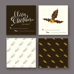 Set of merry christmas elements with lettering, seamless pattern and illustration. Retro golden stile.