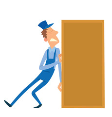 Vector cartoon image of a porter man with dark brown curly hair. Man in blue overalls and cap. Porter man is pushing a big yellow rectangular box to the right. Cartoon loader man. Vector illustration.