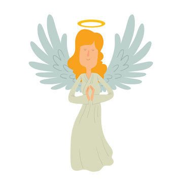 Vector cartoon image of a female angel. Female angel with blond hair in a white chasuble. Angel with big white wings and a golden halo over her head. Angel with eyes closed and hands folded in prayer.