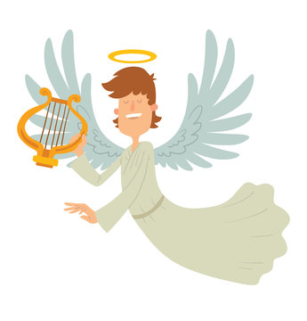 Vector cartoon image of a male angel. Male angel with brown hair in a white chasuble. Angel with big white wings and a golden halo over his head. Angel with eyes closed, flying with lira in his hand.