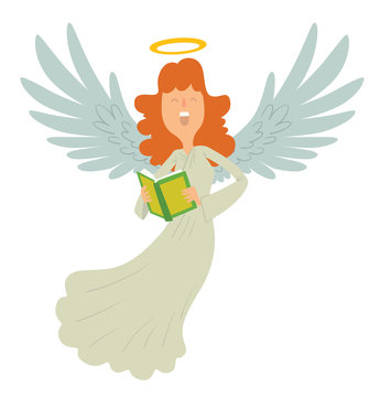 Vector cartoon image of a female angel. Female angel with orange hair in white chasuble. Angel with big white wings and a golden halo over her head. Angel with eyes closed and with green book in hands